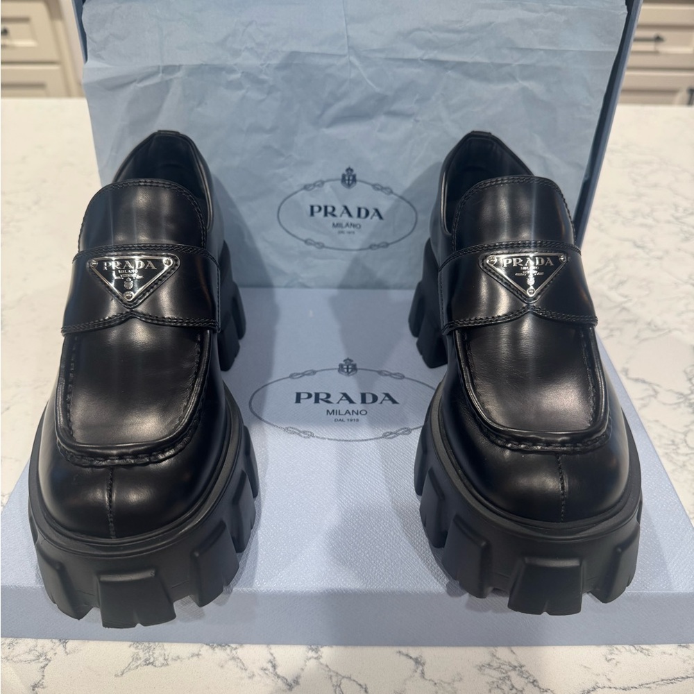 Prada brushed leather monolith loafers